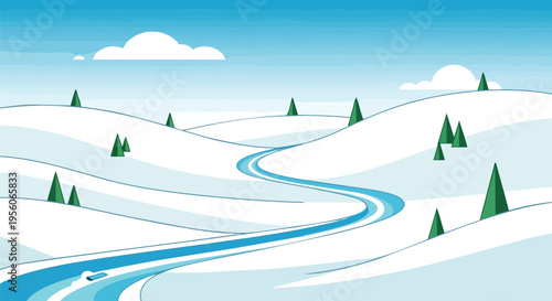 Serene winter landscape illustration featuring gentle snowy hills, a winding blue river, and minimalist green trees under a clear sky for a tranquil