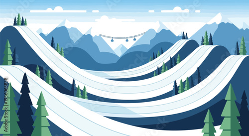 A serene winter wonderland illustration featuring pristine snow-covered mountains, winding ski slopes, and a distant ski lift under a crisp blue