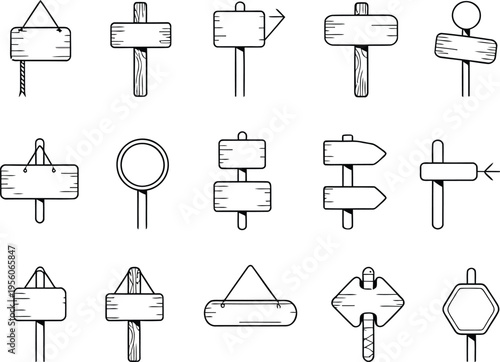 Collection of hand drawn wooden sign shapes and directional arrows on a white background