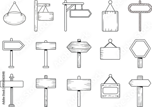 Collection of hand drawn wooden signs and blank directional arrows in black and white