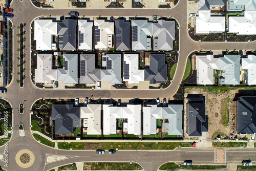 Clyde North aerial view of suburban homes, rooftops and solar panels