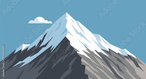 Vector illustration of a grand snow-covered mountain towering against a vibrant cerulean sky, accented by a serene solitary cloud drifting