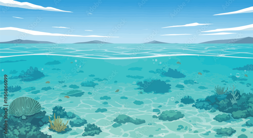 Fototapeta premium Vibrant Underwater Seascape Illustration with Coral Reef and Distant Islands under a Clear Sky