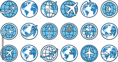 Global Air Travel Icon Set with Airplane and Globe Symbols for Aviation, Tourism, Flight Routes and International Transportation Concepts