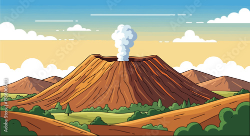 Vibrant cartoon illustration of an erupting volcano emitting smoke against a scenic backdrop of rolling hills and a bright