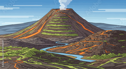 Cartoon depiction of a majestic volcanic eruption showing molten lava rivers flowing down the cone and into the surrounding landscape with a winding