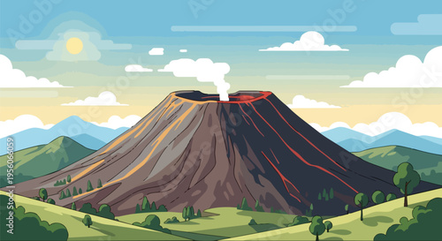 Colorful cartoon illustration of a smoking volcano with flowing lava, surrounded by green hills and distant mountains under a blue sky
