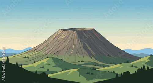 Majestic dormant stratovolcano towering over verdant rolling hills and serene alpine landscape under a clear sky