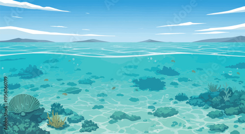 Vibrant Underwater Seascape Illustration with Coral Reef and Distant Islands under a Clear Sky