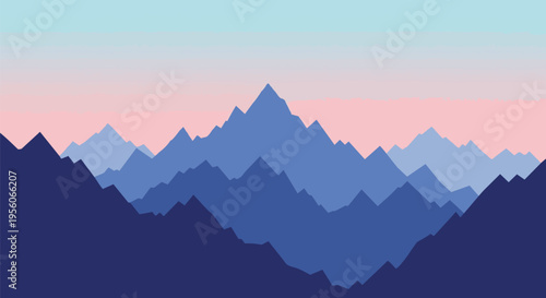 Abstract layered mountain panorama with serene blue and pink twilight sky gradient, creating a peaceful, artistic rendition of a tranquil landscape