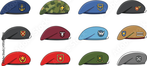 Military Beret Hat Collection Vector Illustration Set Featuring Army Caps with Badges, Camouflage Patterns, Rank Insignia and Uniform Headwear Design