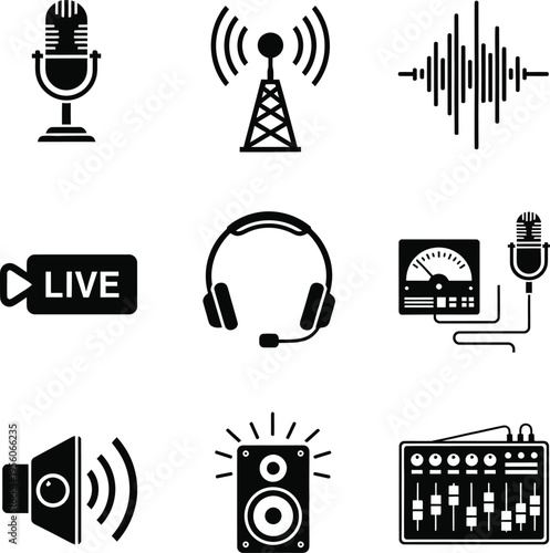 Broadcast and audio icons: live, microphone, speaker