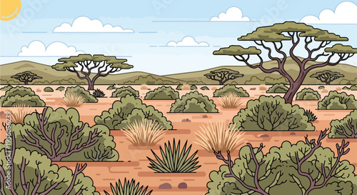 Vibrant cartoon savanna landscape with acacia trees and various desert plants under a sunny sky featuring rolling hills and sparse vegetation