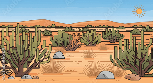 Vibrant illustration of a sun-drenched desert ecosystem featuring unique succulent plants, sparse bushes, rocks, and rolling hills under a clear