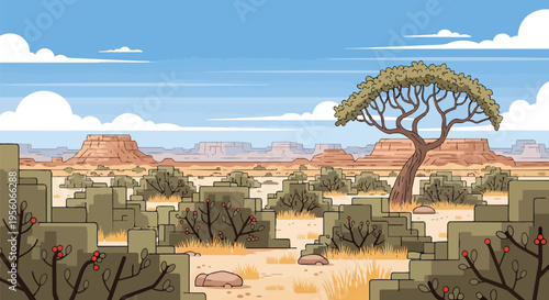 Stylized desert vista showcasing distant mesas native flora and a resilient tree under a bright blue sky an illustrative arid landscape scene artwork