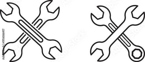 Two crossed wrenches black and white line spanner tool