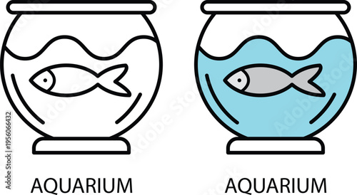 Two fish bowls one empty one with blue water and fish