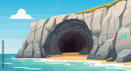 Vibrant cartoon illustration of a serene coastal sea cave with a sandy beach and blue ocean under a clear sky