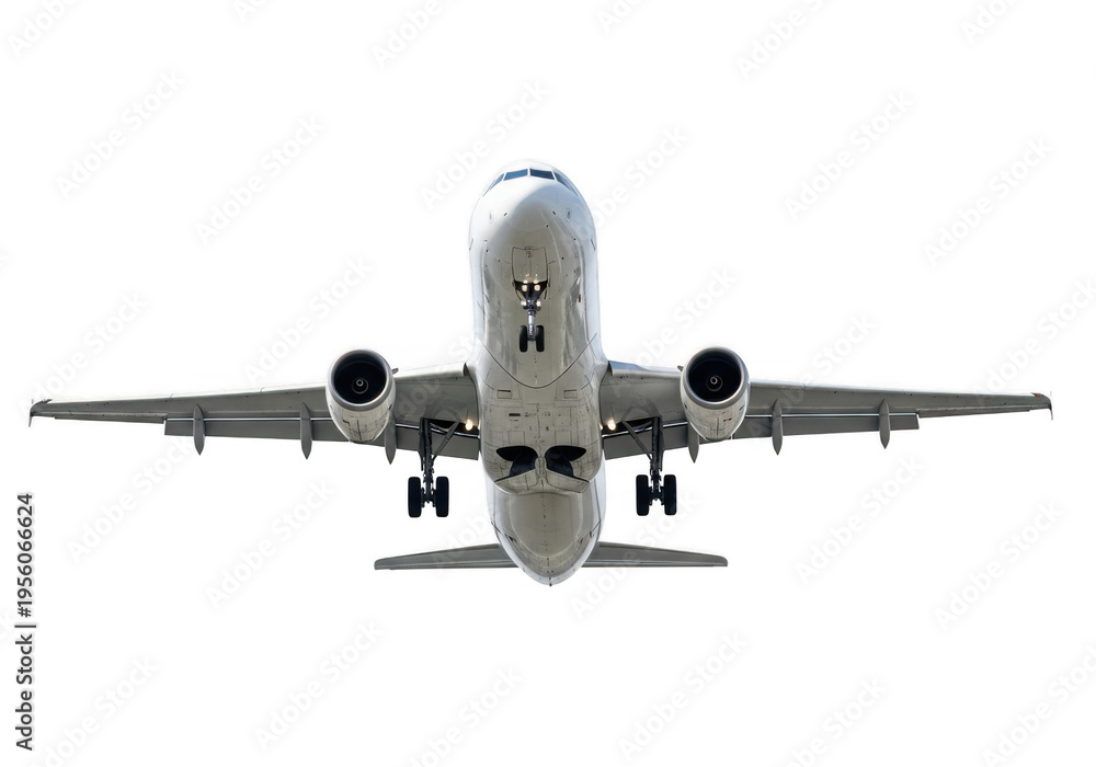 Fototapeta premium Front view of a passenger airplane flying and landing isolated on transparent background the plane is in the air, ready to land at the airport