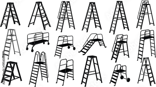 Black, ladder, silhouette, set, industrial, stepladder, collection, construction, equipment, icons, safety, steps, platform, stairs, tools, warehouse, work, climbing, vector, illustration.