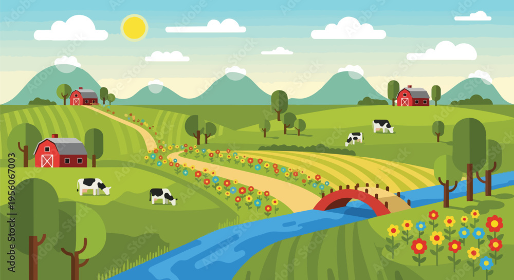 Fototapeta premium Vibrant flat design farm panorama with green hills, red barns, grazing cows, river, bridge, and flowers.