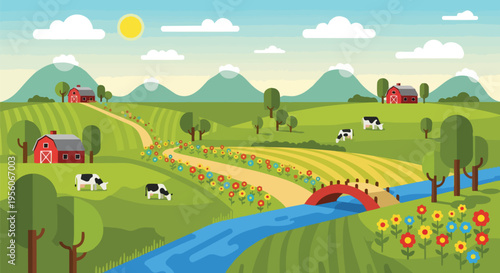 Vibrant flat design farm panorama with green hills, red barns, grazing cows, river, bridge, and flowers.