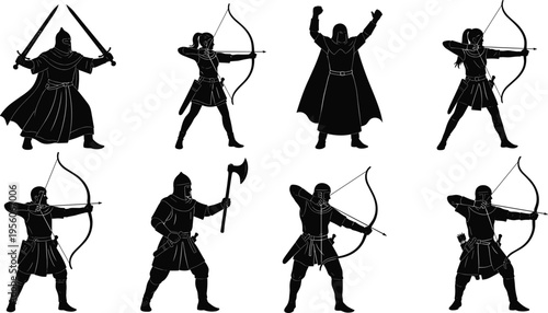 Medieval, warrior, silhouette, set, archer, knight, soldier, fantasy, character, bow, arrow, sword, axe, armor, fighter, battle, history, vector, icon, collection.