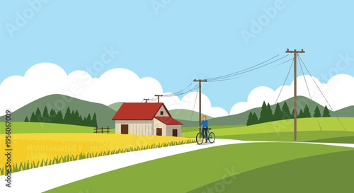 A tranquil rural setting with a lone cyclist navigating a winding path near a charming farmhouse amidst golden fields and distant forested mountains
