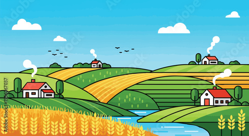 A vibrant flat design illustration portraying idyllic country living with charming houses nestled among rolling green hills golden cultivated fields