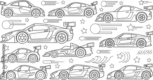 Cartoon Racing Supercar Outline Set with Speed Motion Elements Stars and Dynamic Sports Cars for Automotive Design Vector Illustration Collection
