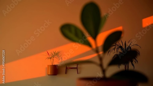 Warm sunlight illuminates interior wall with plants and minimalist chair