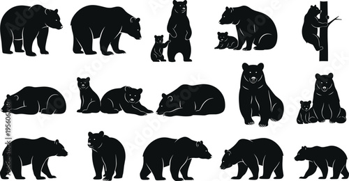 Bear, silhouette, set, grizzly, brown, cub, wildlife, animal, nature, forest, predator, isolated, polar, family, black, vector, icon, standing, sitting, collection.