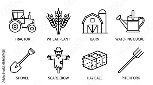 Outlined icons of farming essentials including tractor, wheat plant, barn, watering bucket, shovel, scarecrow, hay bale, and pitchfork, symbolizing agriculture, cultivation, and rural life.