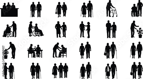 Elderly, silhouette, set, senior, people, healthcare, retirement, care, assistance, walker, wheelchair, nursing, home, disabled, older, couple, vector, illustration, lifestyle, disability.