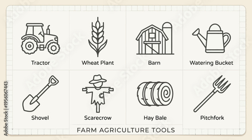 Outlined icons of farming essentials including tractor, wheat plant, barn, watering bucket, shovel, scarecrow, hay bale, and pitchfork, symbolizing agriculture, cultivation, and rural life.