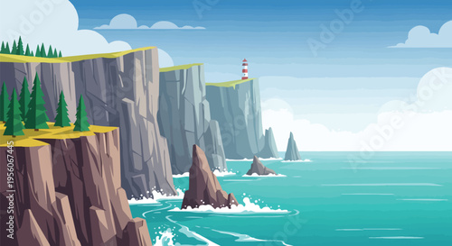 Majestic coastal panorama showcases steep ocean bluffs crowned with evergreen trees and a towering lighthouse beacon guiding ships through turquoise