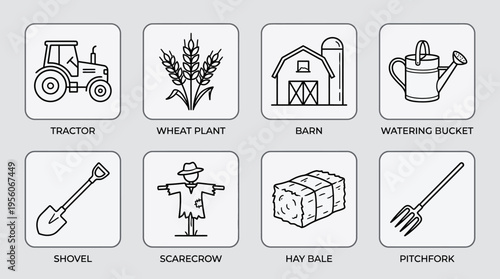 Outlined icons of farming essentials including tractor, wheat plant, barn, watering bucket, shovel, scarecrow, hay bale, and pitchfork, symbolizing agriculture, cultivation, and rural life.
