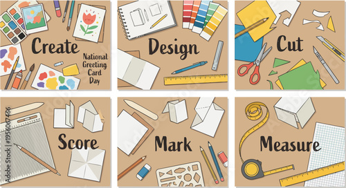 A flat lay composition demonstrates the essential steps for creating greeting cards, including painting, designing layouts, cutting paper, and measuring dimensions.