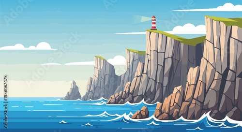 Vibrant vector artwork of a scenic coastal landscape featuring a lighthouse on dramatic cliffs overlooking the blue ocean.