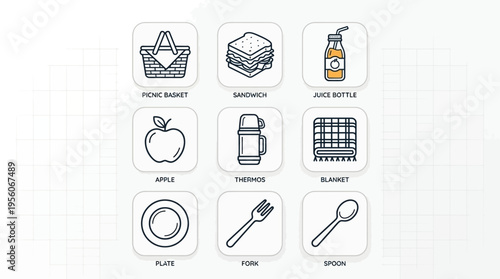 Outlined icons of picnic essentials including basket, sandwich, juice bottle, apple, thermos, blanket, plate, and fork & spoon, symbolizing outdoor dining, leisure, and summer gatherings.