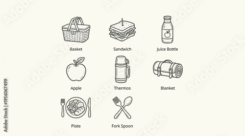 Outlined icons of picnic essentials including basket, sandwich, juice bottle, apple, thermos, blanket, plate, and fork & spoon, symbolizing outdoor dining, leisure, and summer gatherings.