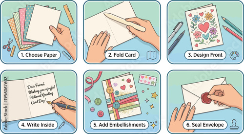 A six-step illustrated guide demonstrates the entire process for making a personalized handmade greeting card from start to finish.