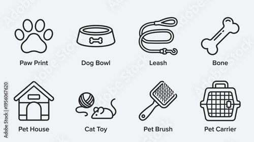 Outlined icons of pet essentials including dog bowl, bone, leash, cat toy, pet house, paw print, brush, and carrier, symbolizing pet care, grooming, feeding, play, and companionship.