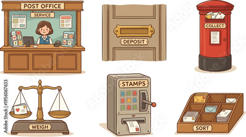 A smiling female postal worker stands behind a service counter inside a traditional post office setting.