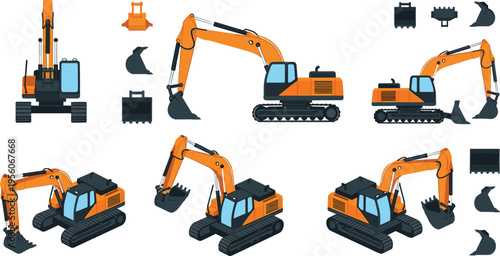 Color Excavator Construction Equipment Set with Hydraulic Diggers Buckets and Heavy Machinery Vehicles for Engineering Building and Industrial Work Vector IllustrationColor Excavator Construction 