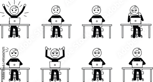 Stick, figure, icon, set, computer, worker, stress, frustrated, tired, laptop, office, emotional, person, expression, desk, work, business, vector, burnout, collection.