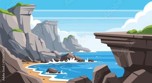 Vibrant cartoon illustration of a majestic coastal landscape featuring towering sea cliffs, a serene sandy beach, and dynamic ocean waves under a