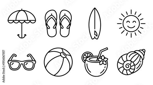 Outlined icons of beach essentials including umbrella, flip-flops, surfboard, sun, sunglasses, beach ball, coconut drink, and seashell, symbolizing summer, leisure, travel, and tropical relaxation.