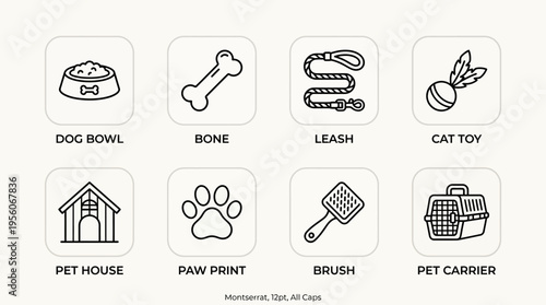 Outlined icons of pet essentials including dog bowl, bone, leash, cat toy, pet house, paw print, brush, and carrier, symbolizing pet care, grooming, feeding, play, and companionship.