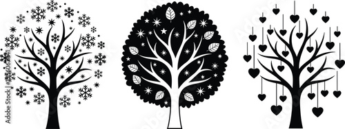Tree, silhouette, set, winter, snowflake, heart, star, holiday, season, nature, icon, vector, illustration, love, christmas, magic, decoration, collection, forest, garden.